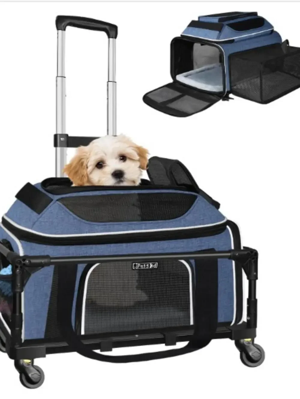 Petskd Top and Side Expandable Pet Carrier with Wheels 18x11x11 Blue
